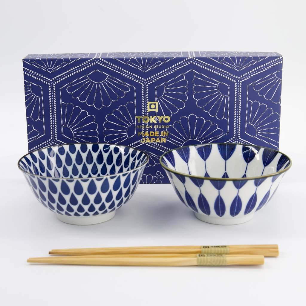 Mixed Tayo Bowls 2pcs Giftset w/chopsticks 15x7cm 500ml Blue/White C 33752 1/16