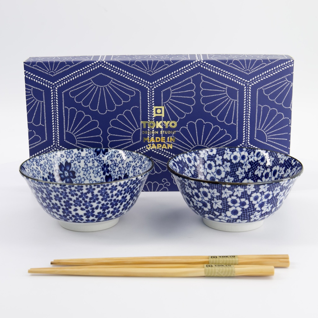 Mixed Tayo Bowls 2pcs Giftset w/chopsticks 15x7cm 500ml Blue/White E 33754 1/16