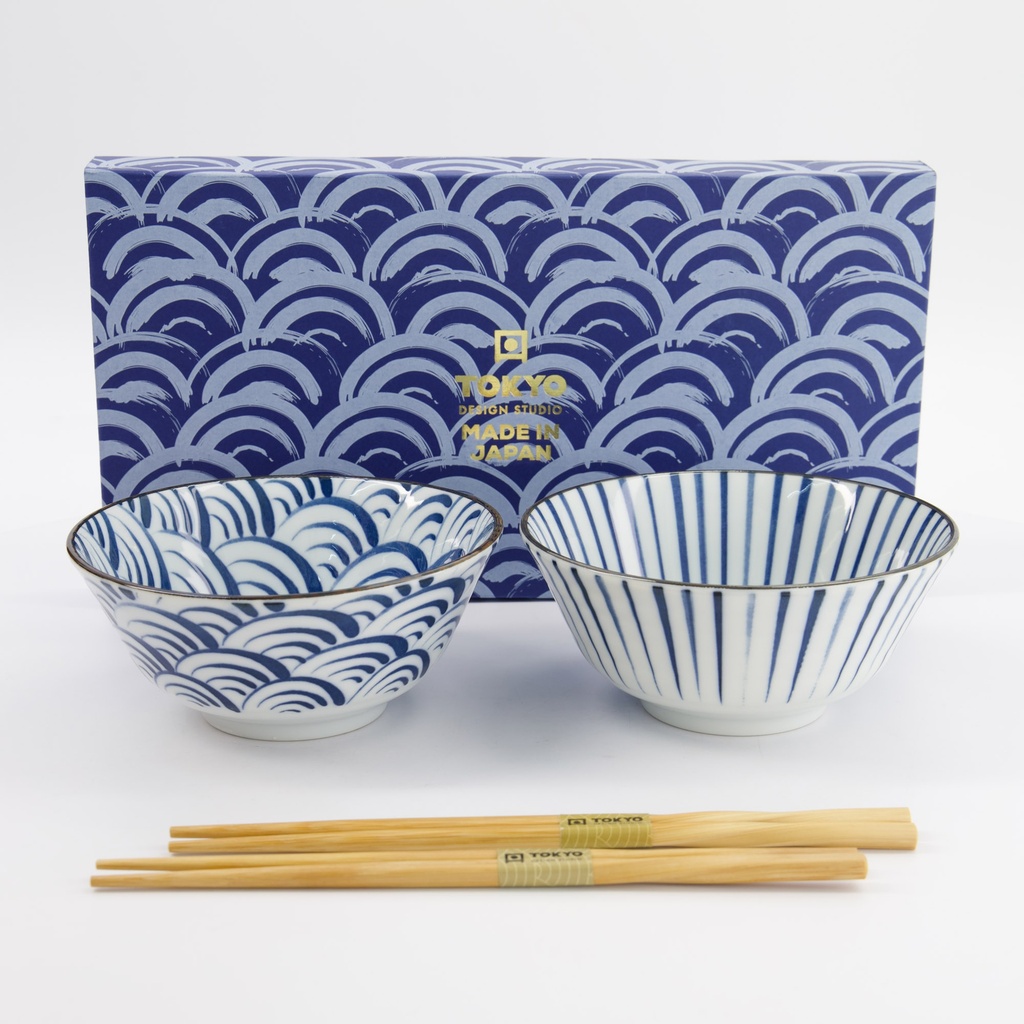 Natsu Tayo Bowl Giftset 2pcs w/chopsticks 15.5x7cm 500ml Blue/White 33780 1/16