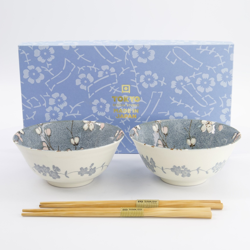 Fujisakura Tayo Bowl Giftset 2pcs w/chopsticks 15.5x7cm 500ml Gray 33782 1/16