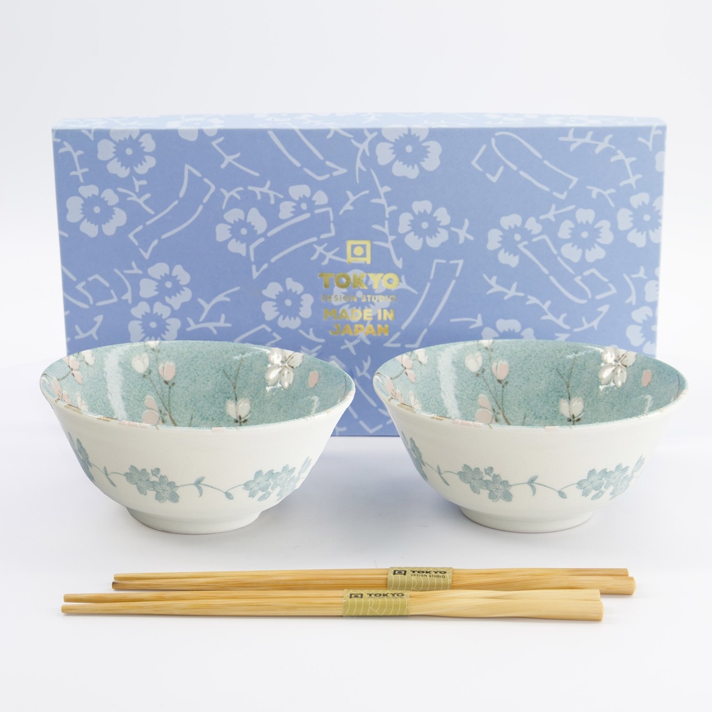 Fujisakura Tayo Bowl Giftset 2pcs w/chopsticks 15.5x7cm 500ml Green 33783 1/16 
