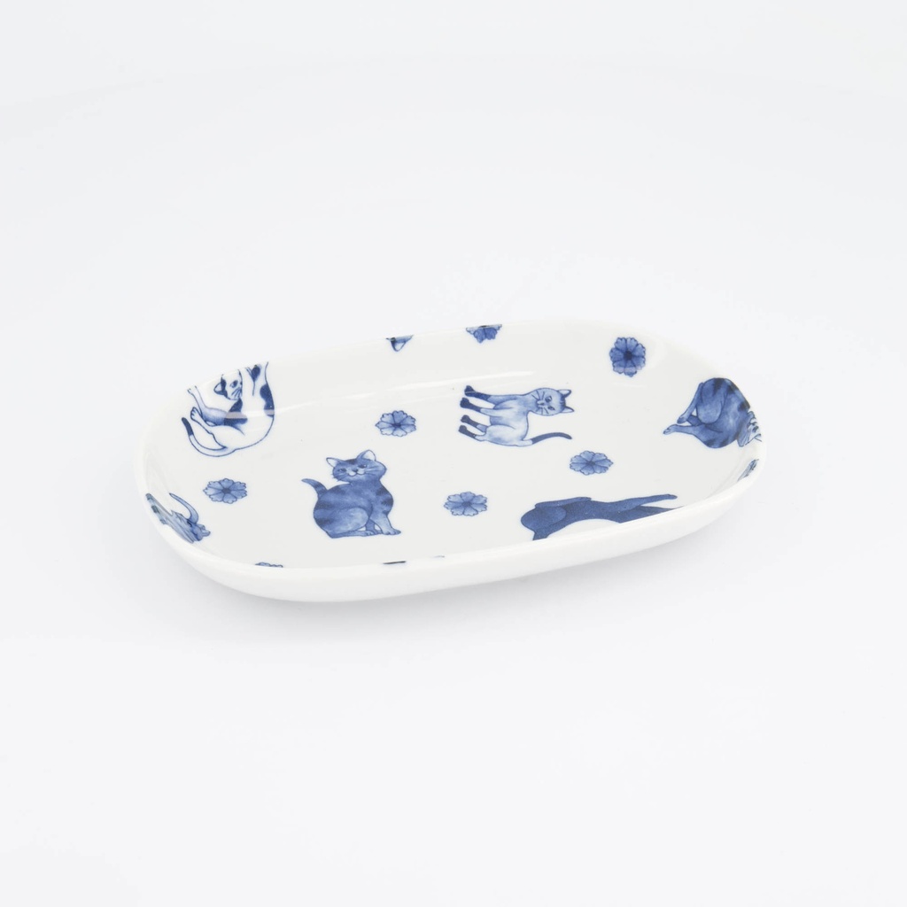 Kawaii Hananeko Cat Oval Plate 18.7x12.8x2.5cm Blue 61694 6/36