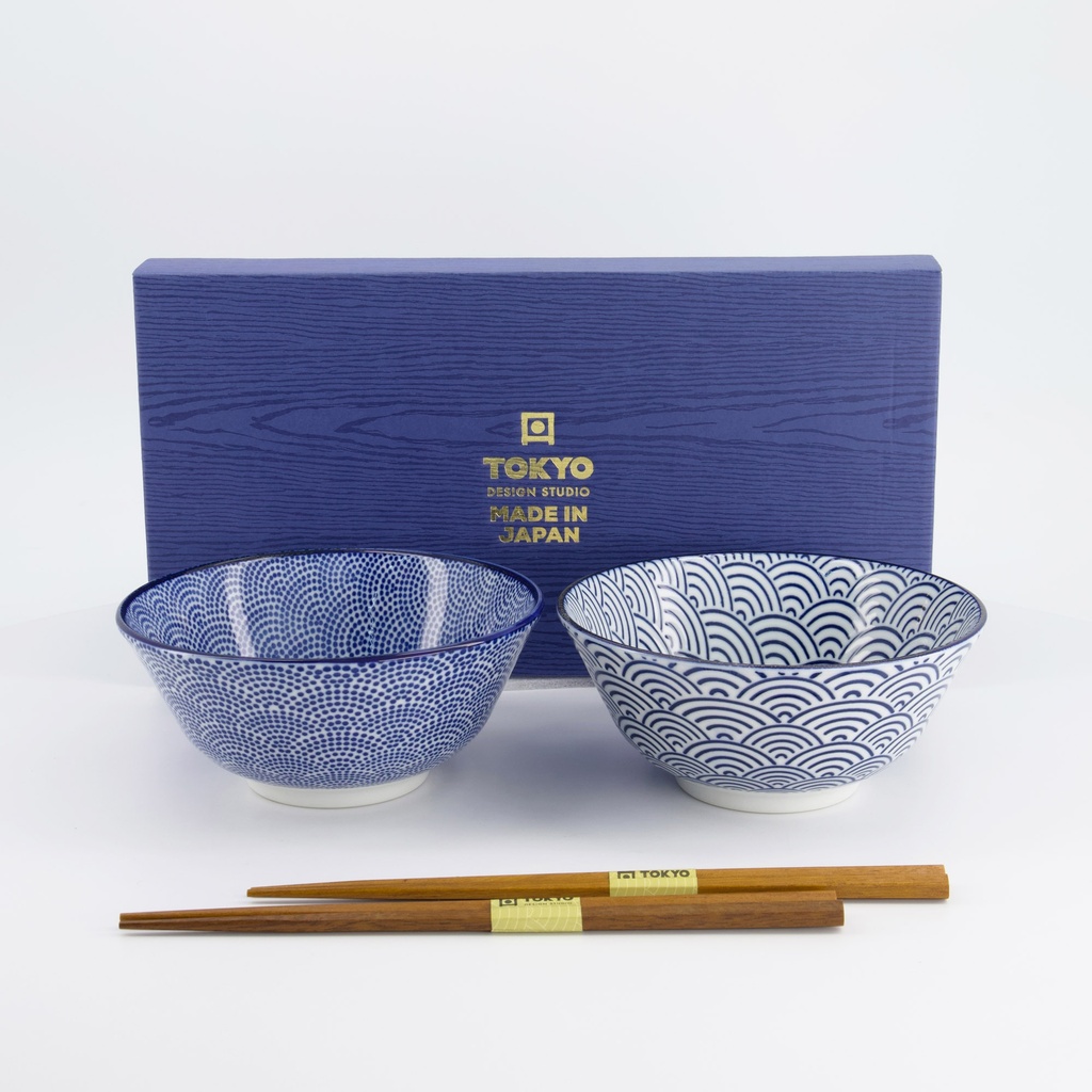 Nippon Blue Tayo Bowl Giftset 2pcs w/chopst. 15.2x6.7cm Dots & Wave TN-10/AB 1/12