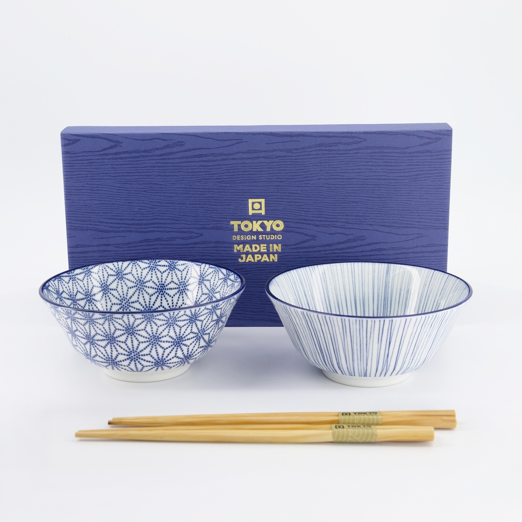 Nippon Blue Tayo Bowl Giftset 2pcs w/chopst. 15.2x6.7cm Star & Lines TN-10/DF 1/12