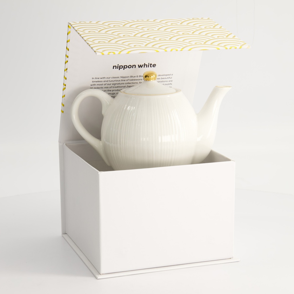 Nippon White Gold Rim Round Teapot w/Giftbox 16.5x11cm 400ml Lines 17301 1/24
