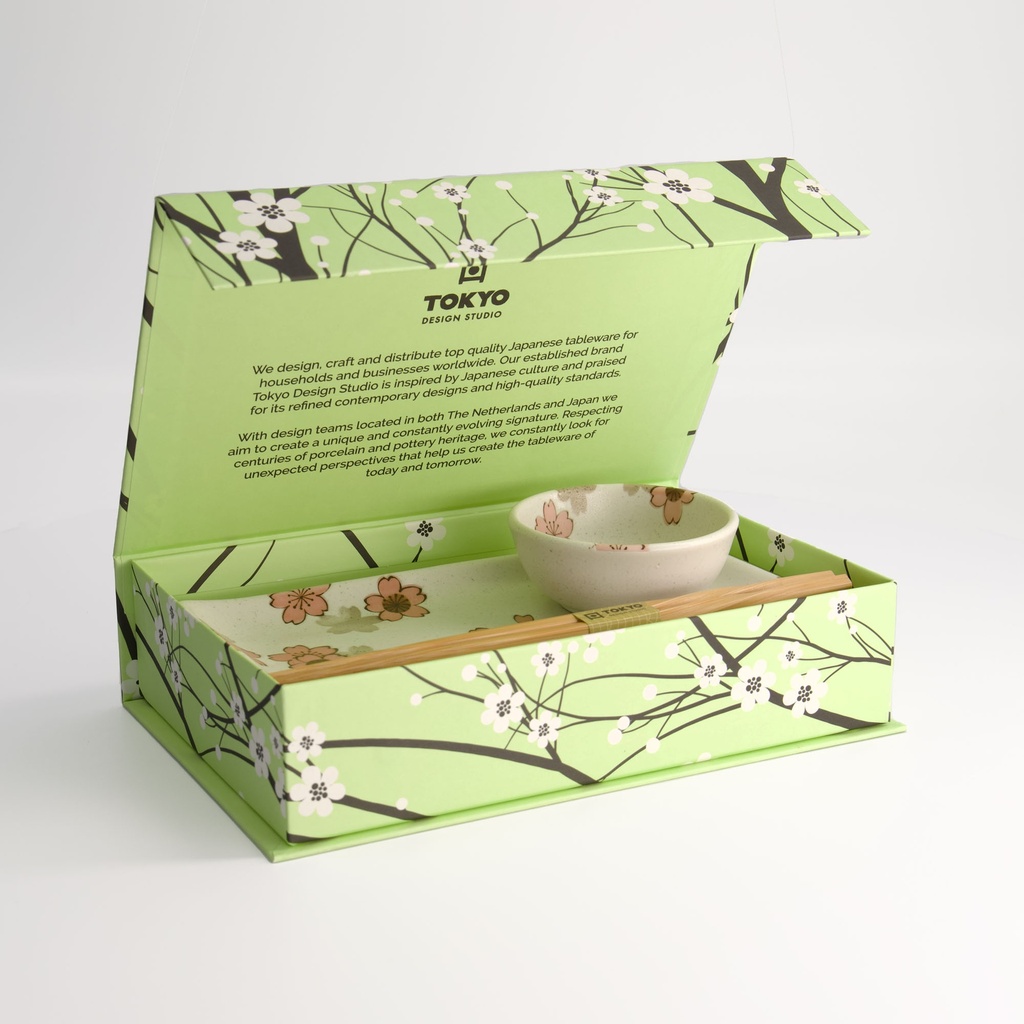 Sakura White Sushi Set 2pcs w/ chopsticks 22.5x12.7cm & 8.6x3.6cm 22581