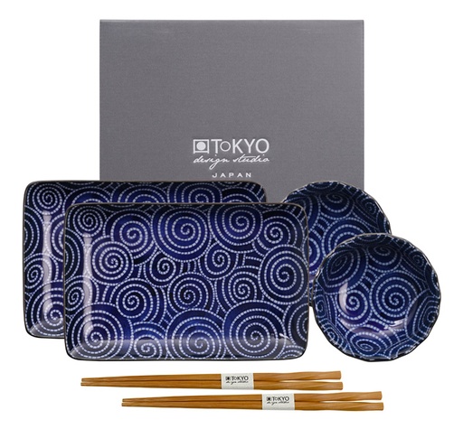[14347] Sushi Plate Set4 w/Chop Kotobuki Karakusa 21x13.5 & 9.5x3cm HB-5847/A