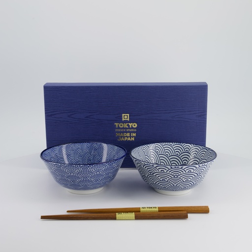 [16041] Nippon Blue Tayo Bowl Giftset 2pcs w/chopst. 15.2x6.7cm Dots & Wave TN-10/AB 1/12