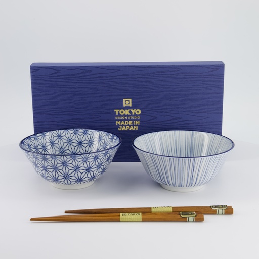 [17951] Nippon Blue Tayo Bowl Giftset 2pcs w/chopst. 15.2x6.7cm Star & Lines TN-10/DF 1/12
