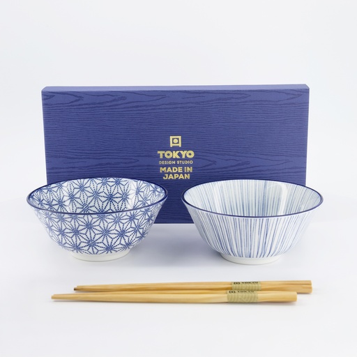 [17951] Nippon Blue Tayo Bowl Giftset 2pcs w/chopst. 15.2x6.7cm Star & Lines TN-10/DF 1/12