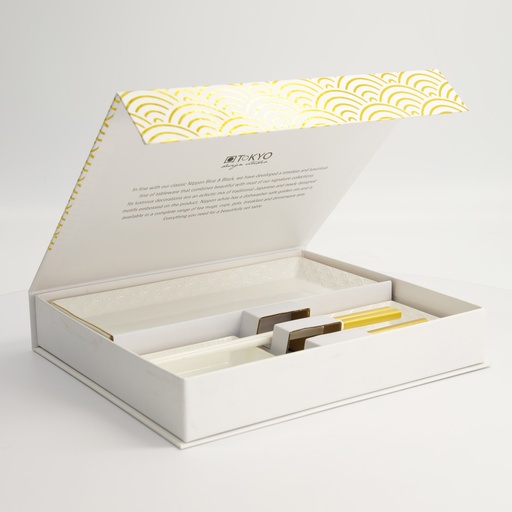 [17464] Nippon White Gold Rim Sushi Plate Set4 w/Chop 24.3x11.5x2.5cm + 9.8x9.8x2.1cm  6pcs 17464 1/12