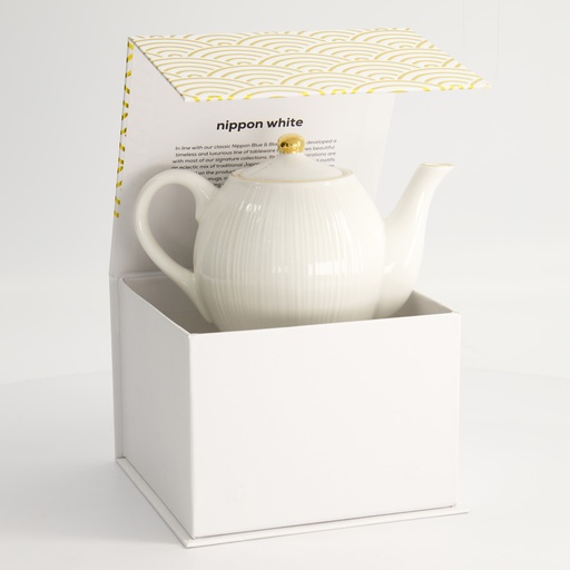 [16989] Nippon White Gold Rim Round Teapot Giftset 19x12.5cm 600ml Lines 1/12