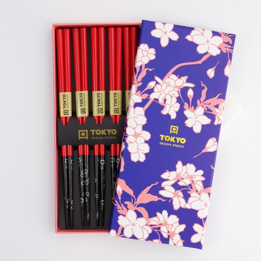[18617] Chopstick Giftset/5 Red Black Flower 18617 1/100