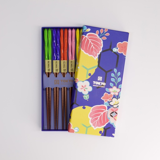 [21296] Chopstick Giftset/5 Wooden Blue Leaves 2910A  21296 1/100