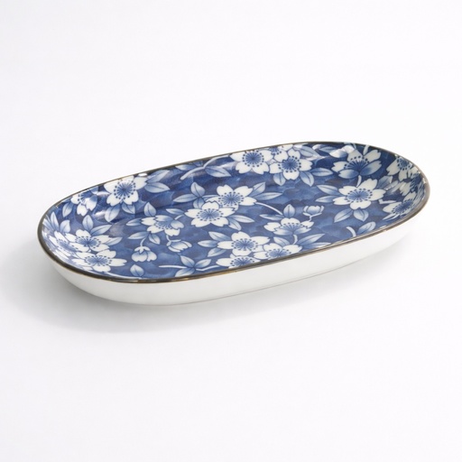 [22634] Tokyo Blue Sakura Oblong Plate 18.7x13cm 40-230404 HB-26 6/72