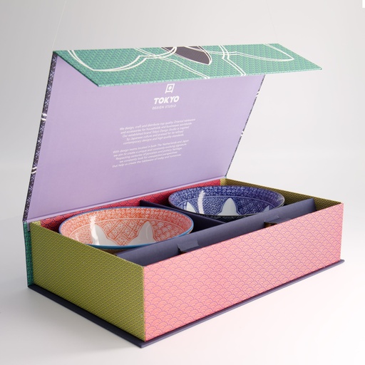 [22639] Lily Flower 2pcs Bowl Giftset w/chopsticks Rd/Bl 14.8x6.8cm 550ml 22639 21A 1/6