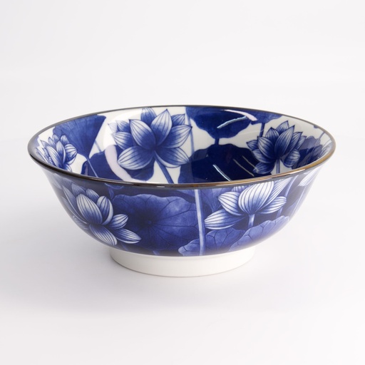 [21895] Wa Mixed Bowls Ramen Lotus 20.5x8cm Blue/White KA-45 4/32