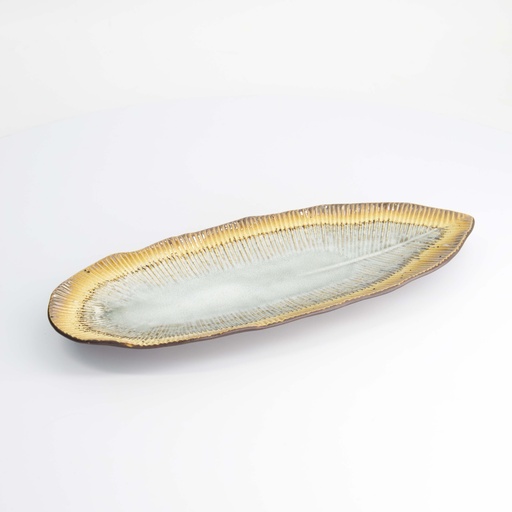 [21902] Yamasaku White/Brown Oblong Plate 33x13.5x2.5cm 6/36
