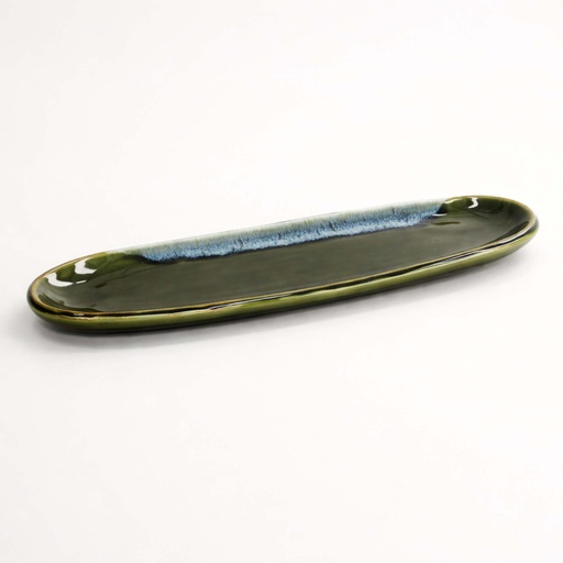 [22173] Mino Craft Oval Plate 34.5x10.8x2.5cm Green 6/36