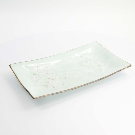 [16508] Green Cosmos Oblong Plate 33.2x19.3x2.2cm Q213/GC 1/12