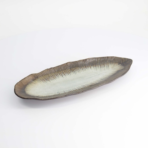 [33425] Yamasaku White/Brown Oblong Plate 33x13.5x2.5cm 33425 6/36 