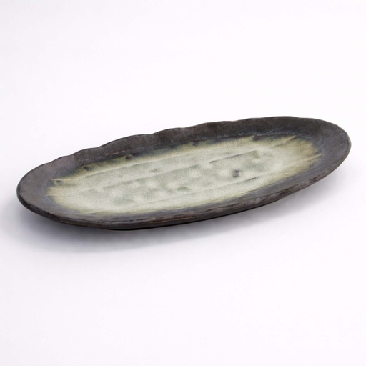 [33427] Yamasaku White/Brown Oval Plate 33x13.5x2cm 33427 6/36