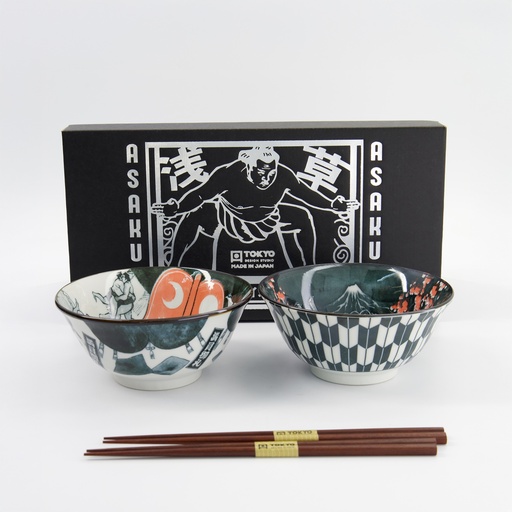 [33605] Asakusa Tayo Bowl Giftset 2pcs w/chopsticks 14.8x7cm 550ml B 33605 1/20