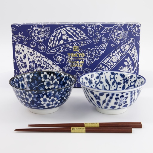 [33745] Tokyo Blue Tayo Bowl Giftset 2pcs w/chopsticks 15x7cm 500ml B 33745 1/16