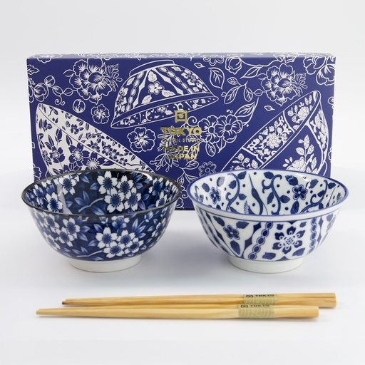 [33745] Tokyo Blue Tayo Bowl Giftset 2pcs w/chopsticks 15x7cm 500ml B 33745 1/16