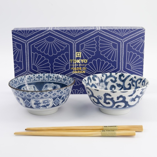 [33750] Mixed Tayo Bowls Giftset 2pcs w/chopsticks 15x7cm 500ml Blue/White A 33750 1/16