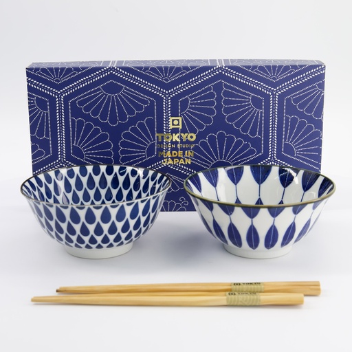 [33752] Mixed Tayo Bowls 2pcs Giftset w/chopsticks 15x7cm 500ml Blue/White C 33752 1/16