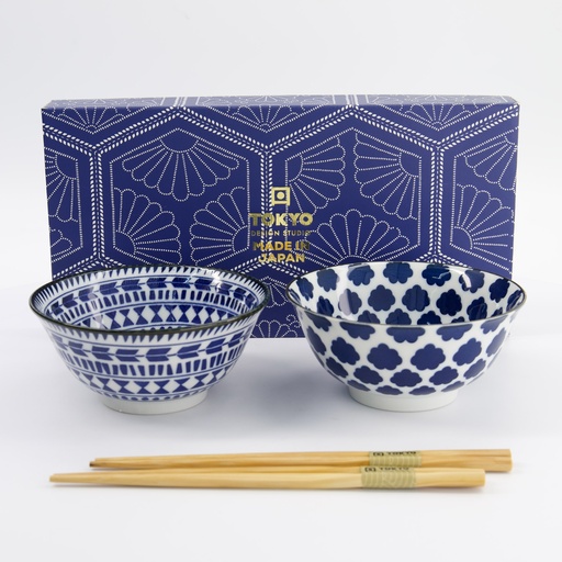 [33753] Mixed Tayo Bowls 2pcs Giftset w/chopsticks 15x7cm 500ml Blue/White D 33753 1/16