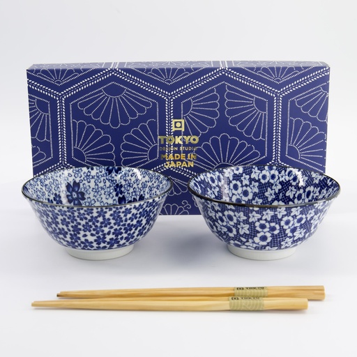 [33754] Mixed Tayo Bowls 2pcs Giftset w/chopsticks 15x7cm 500ml Blue/White E 33754 1/16