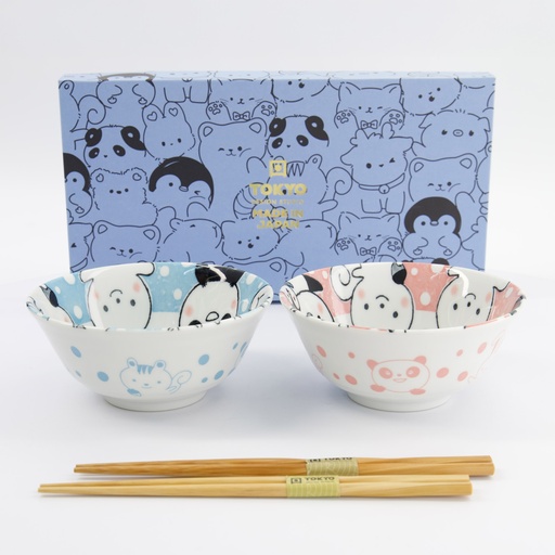 [33786] Kawaii Animals Tayo Bowl Giftset 2pcs w/chopsticks 15.2x6.7cm 500ml Blue/Pink 33786 1/16