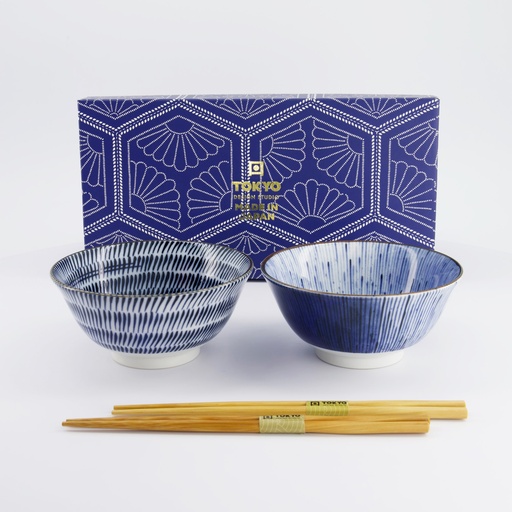 [33791] Mino Blue Tayo Bowl Giftset 2pcs w/chopsticks 15x7cm 550ml Blue/White 33791 1/24