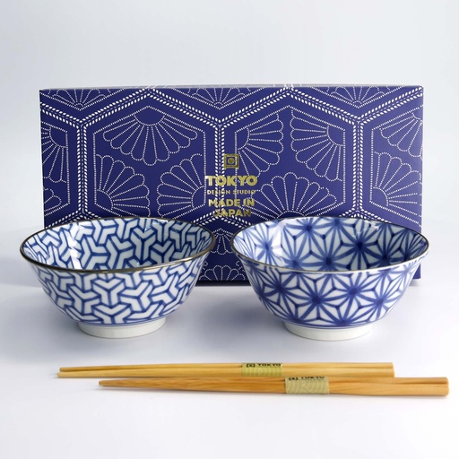 [33815] Mixed Tayo Bowls 2pcs Giftset w/chopsticks 15x7cm 500ml Blue/white G 33815 1/16
