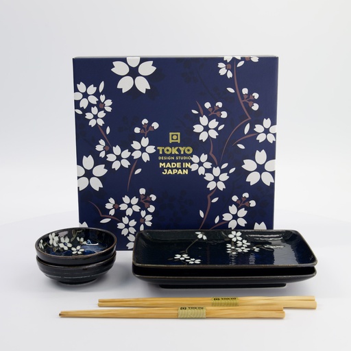 [33821] Cobalt Blue Sakura Sushi Giftset 6pcs 20.5x13.2x2.5cm & 9.5x3cm 33821 1/16