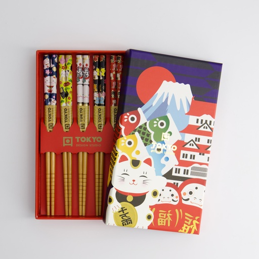 [33840] Children Chopstick Giftset/5 Lucky Cats Japan A42-C71 1/100