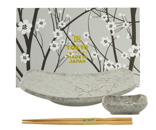 [22030] Grey Soshun Sushi Giftset 3pcs 22x14.5x2.3cm + 8.8x6.5x2.8cm w/Chopst 11C 22030 1/6