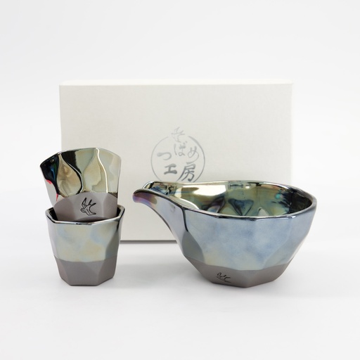 [34066] Sake Set 1:2 Set Platinum Blue Metallic 15x6.5cm + 6.3x5.5cm (220ml +90ml) 3pcs 34066 1/24