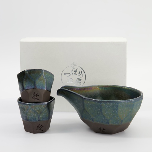 [34068] Sake Set 1:2 Set Metallic Blue 15x6.5cm + 6.3x5.5cm (220ml +90ml) 3pcs 34068 1/24