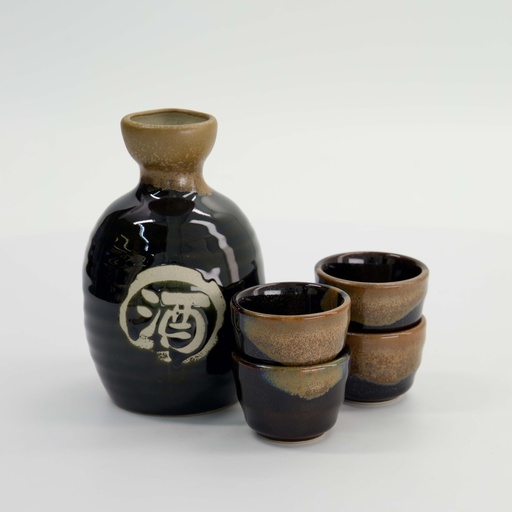 [34305] Sake Set 1:4 Tenmoku Kessho 8.5x14cm + 5.4x3.4cm (360ml +40ml) 5pcs Black 34305 1/24