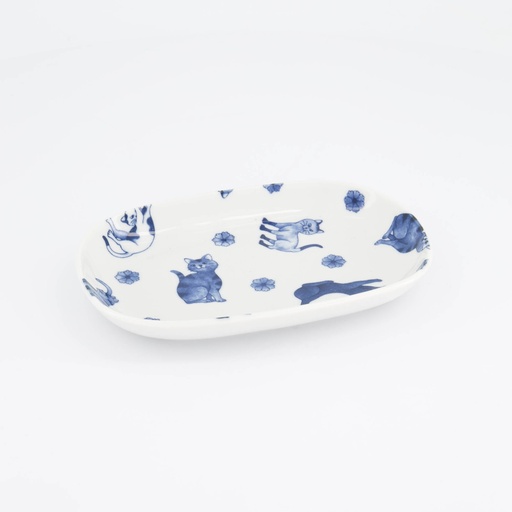 [61694] Kawaii Hananeko Cat Oval Plate 18.7x12.8x2.5cm Blue 61694 6/36