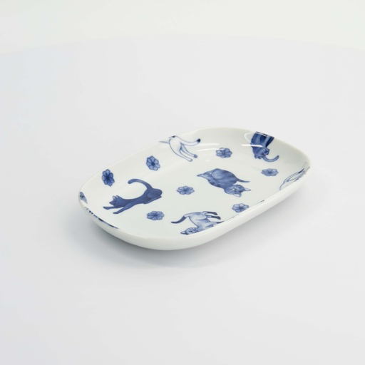 [61694] Kawaii Hananeko Cat Oval Plate 18.7x12.8x2.5cm Blue 61694 6/36