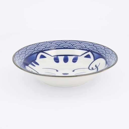 [617638] Kawaii Lucky Cat Neko Pasta Plate 21.3x4.7cm Seikaiha-Neko Blue 6/36