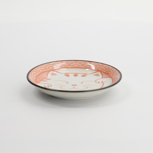 [617713] Kawaii Lucky Cat Neko Sauce Dish 12x2cm Seikaiha-Neko Red 12/144