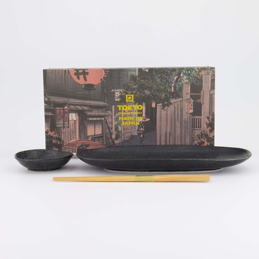 [619465] Onyx Noir Sushi Set 2pcs w/ chopsticks 28.5x12.5cm & 10x2cm 619465 (Oval Plate)