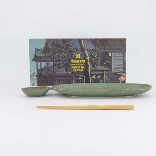 [619472] Vert Sauge Sushi Set 2pcs w/ chopsticks 28.5x12.5cm & 8.3x2.3cm 619472 (Oval Plate)